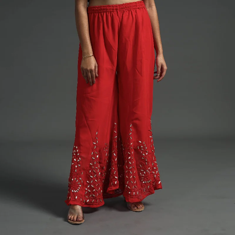 Women's Holiday Apparel Red - Lucknow Chikankari Hand Embroidery Gota Patti Work Georgette palazzo (Free Size) Women's Holiday Apparel Red - Lucknow Chikankari Hand Embroidery Gota Patti Work Georgette palazzo (Free Size)