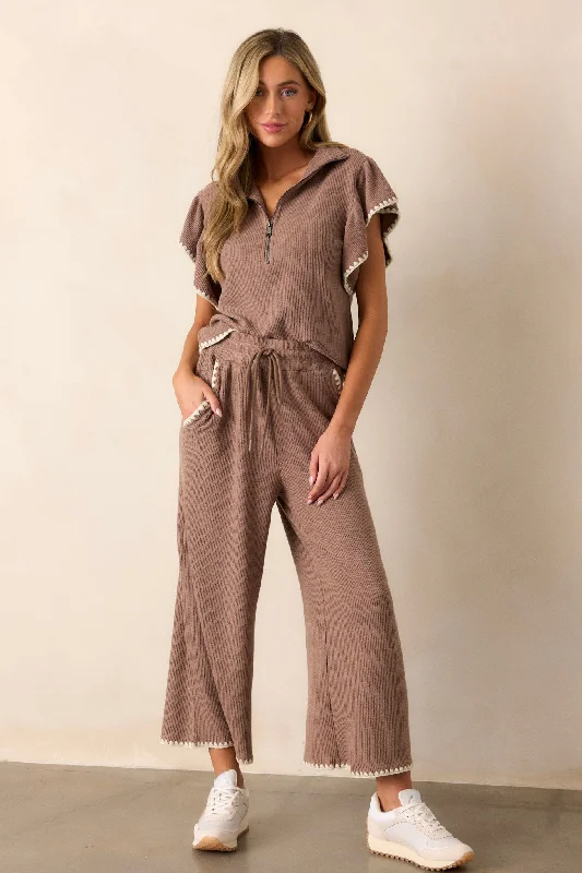 Women's Wedding Apparel Anytime Now Mocha Blanket Stitch Wide Leg Pants