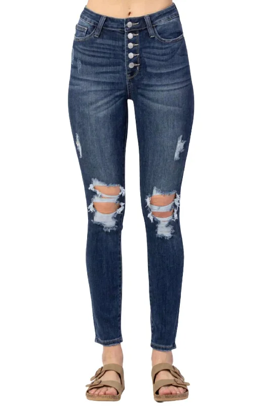 Button Fly Skinny Jeans In Blue