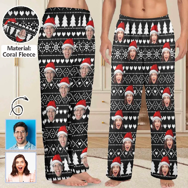 Exclusive Discount Coral Fleece Pajama Trousers-Custom Face Black Christmas Background Red Hat Warm and Comfortable Sleepwear Long Pajama Pants For Men Women Exclusive Discount Coral Fleece Pajama Trousers-Custom Face Black Christmas Background Red Hat Warm and Comfortable Sleepwear Long Pajama Pants For Men Women