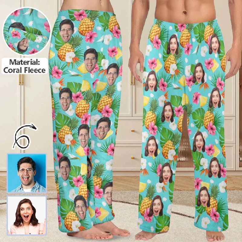 Women's Holiday Outfit Coral Fleece Pajama Trousers-Custom Face Flowers And Pineapple Print Warm and Comfortable Sleepwear Long Pajama Pants For Men Women Women's Holiday Outfit Coral Fleece Pajama Trousers-Custom Face Flowers And Pineapple Print Warm and Comfortable Sleepwear Long Pajama Pants For Men Women