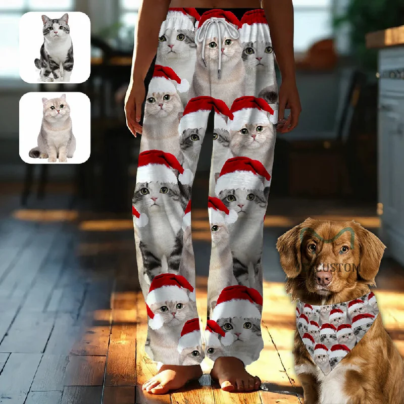 Women's Casual and Dressy Outfits Custom Face Cat Christmas Red Hat Pajama Pants and Pet Dog Bandana