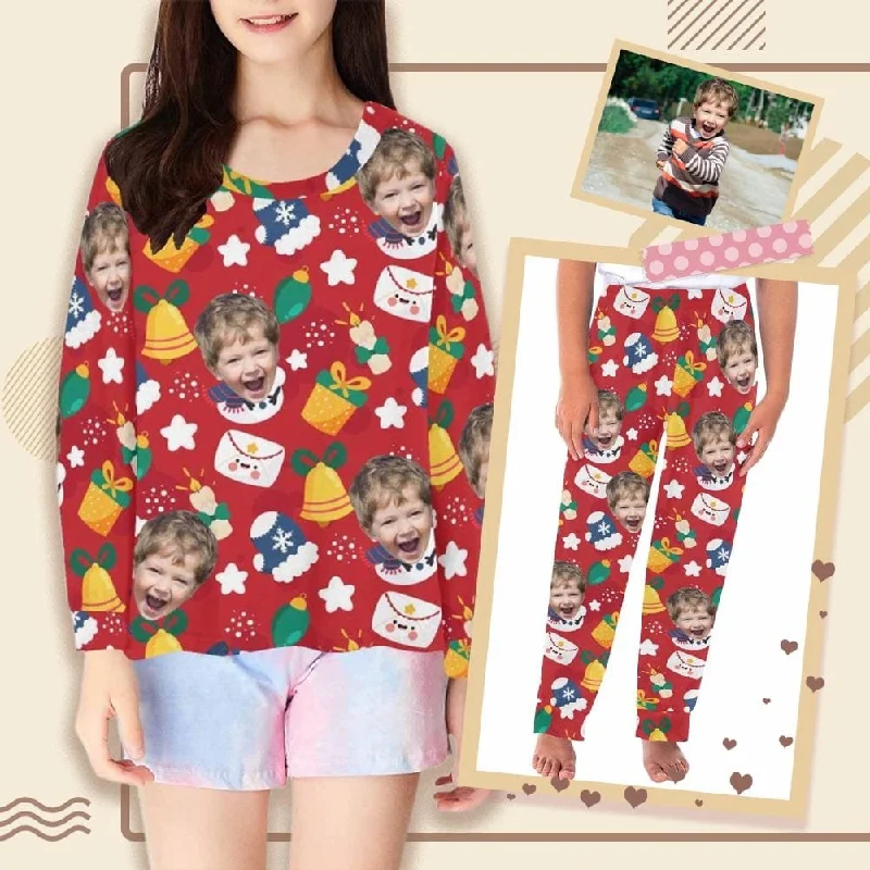 Casual Chic Women's Clothes Custom Face Kids' All Over Print Pajama Top & Trousers Red Personalized Long Pajama Set