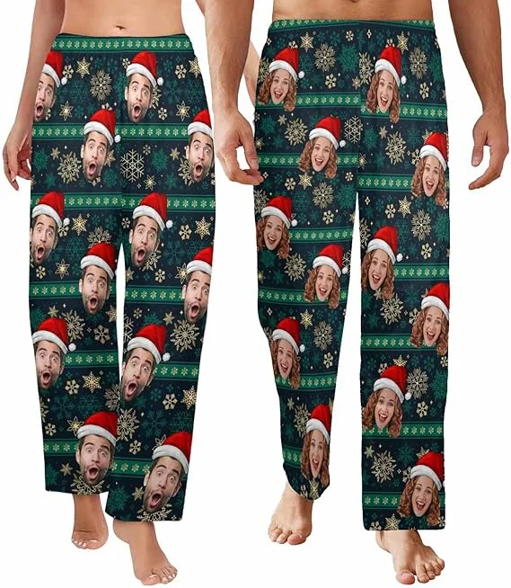 Custom Face Pajama Pants for Women Men Snowflake Printed Pj Loose Fit Lounge Pants