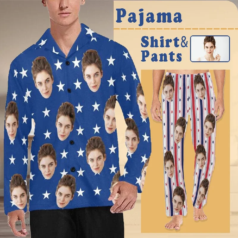 Chic Clothing For Women Pajama Shirt&Pajama Pants-Custom Face Pajamas USA Flag Men's Sleepwear Personalized Photo Men's V-Neck Long Sleeve Pajama Set Chic Clothing For Women Pajama Shirt&Pajama Pants-Custom Face Pajamas USA Flag Men's Sleepwear Personalized Photo Men's V-Neck Long Sleeve Pajama Set