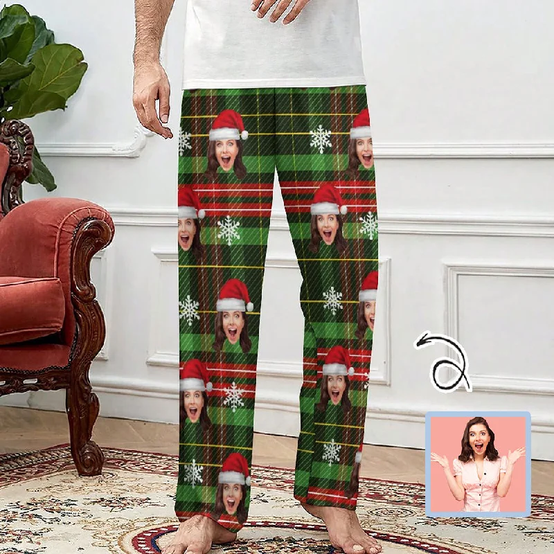 Custom Face Red Green Squares Slumber Party Unisex Long Pajama Pants For Men Women Kids