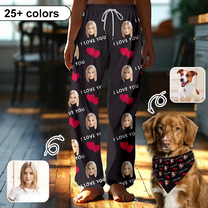 Women's Party Clothes Custom Face Red Heart&I Love You Pajama Pants and Pet Dog Bandana Women's Party Clothes Custom Face Red Heart&I Love You Pajama Pants and Pet Dog Bandana