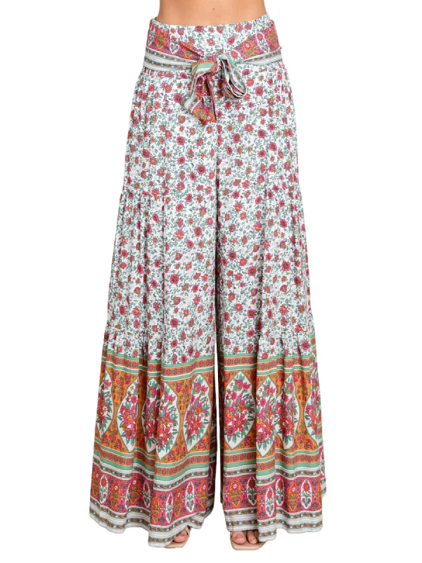 Women's Formal Apparel Floral Print Palazzo Wide Leg Pants In Off White