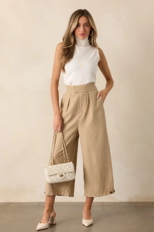 Comfortable Women's Clothes Get With It Almond Pinstripe Cropped Wide Leg Pants