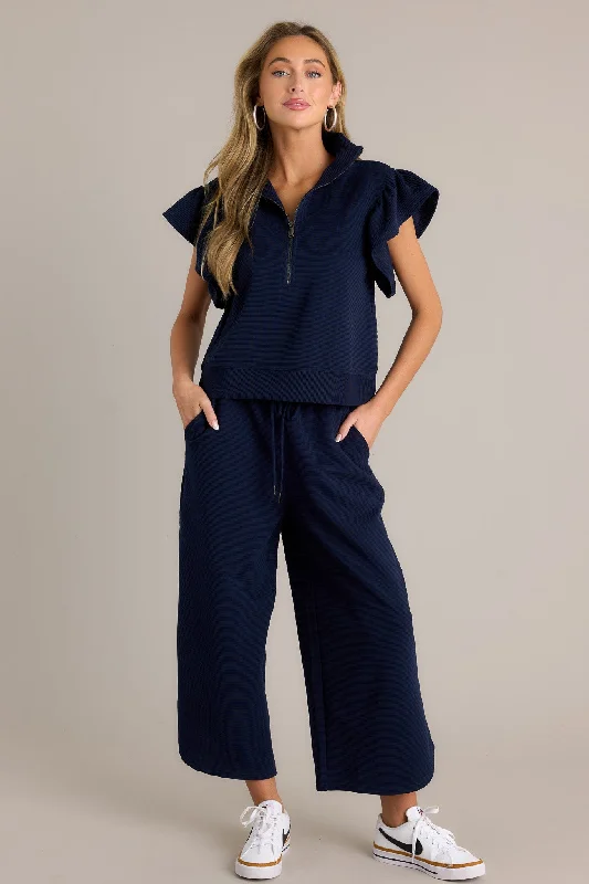 Women's Fashion-Forward Apparel Sand Dune Navy Ribbed Wide Leg Pants