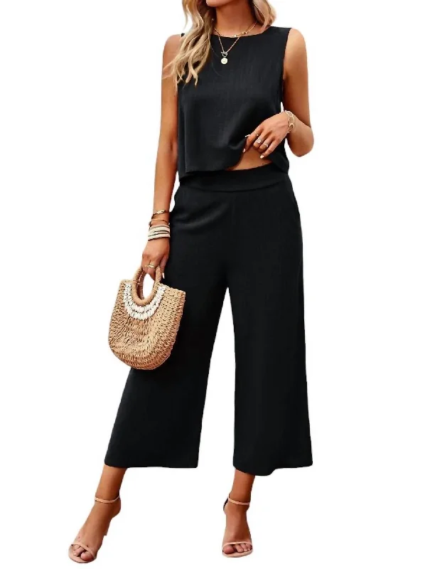 Affordable Women's Clothes Sleeveless Cropped Top And Wide Pants Set In Black