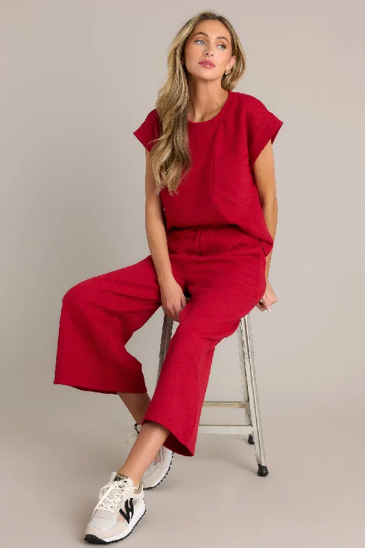 Women's Trendy Casual Clothes Tell Me Scarlet Red Cropped Textured Pants